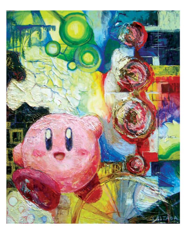 An colorful oil painted image featuring Kirby, a happy, pink, puffball-looking hero.