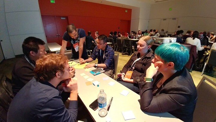 6 individuals sit around a table beginning discussion of their paper prototype game.