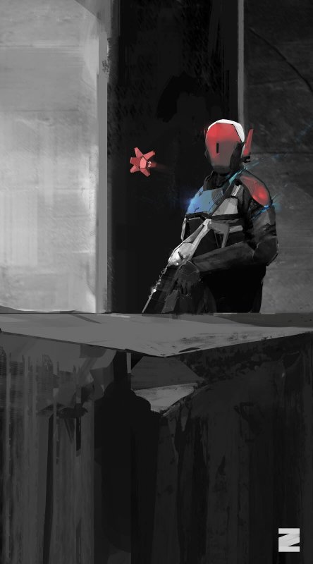 Image: a red-masked figure with a large rifle, a floating red polygonal figure floating in front of it. They stand in front of a silhoutted background.